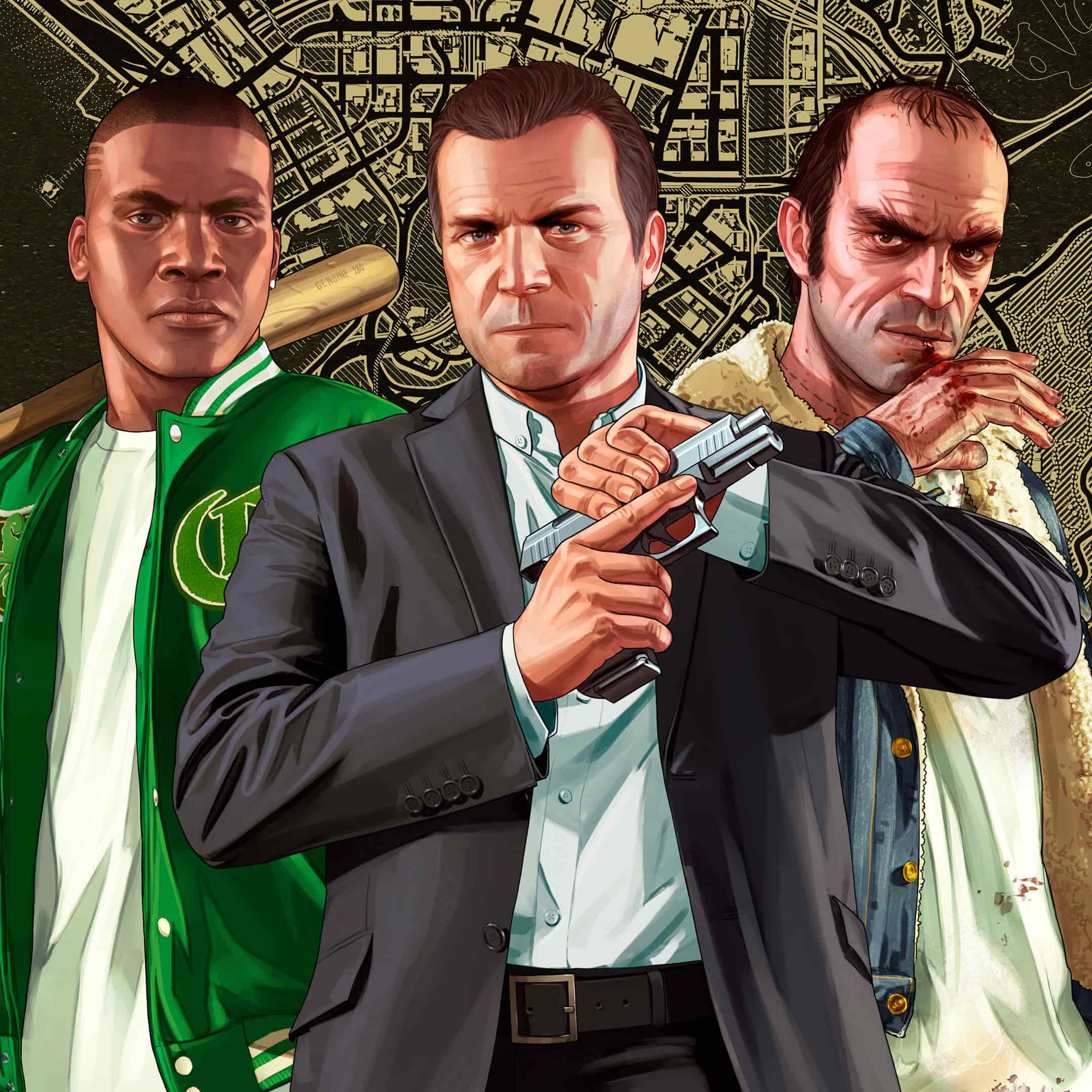 Official GTA V artwork of Franklin, Michael and Trevor